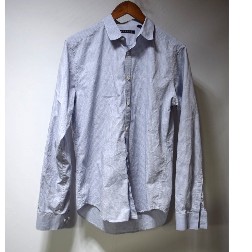 Theory Men’s Light Blue Micro Check Long Sleeve Button-Up Shirt Size S
